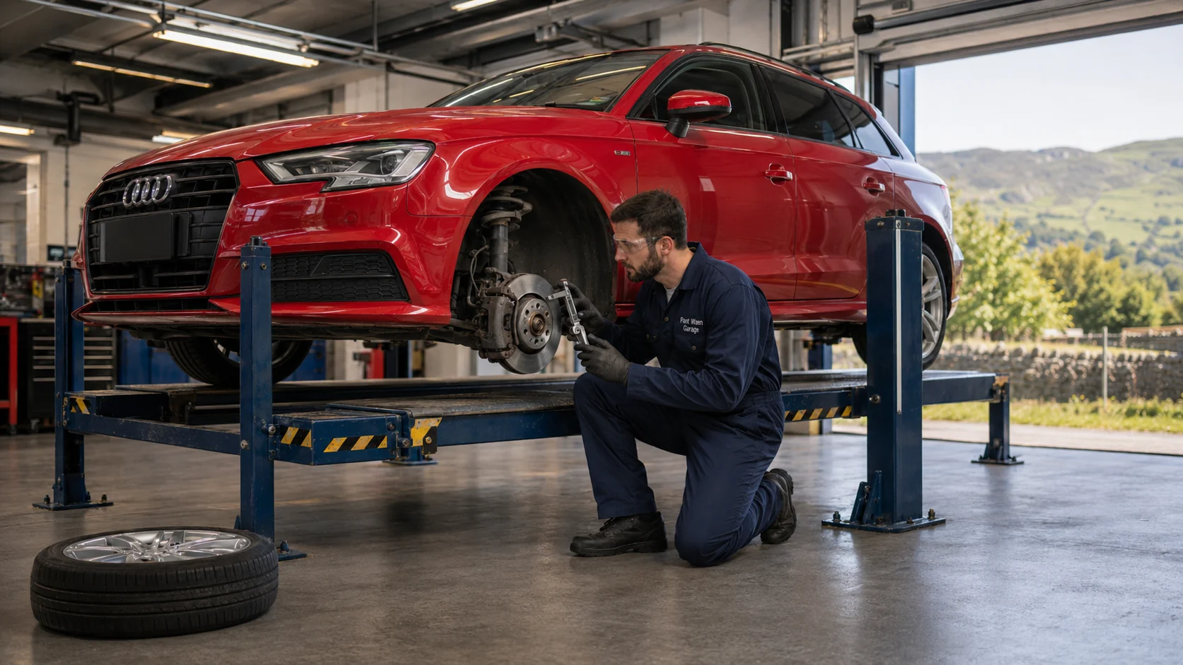 Pant Waen technician servicing an Audi brake