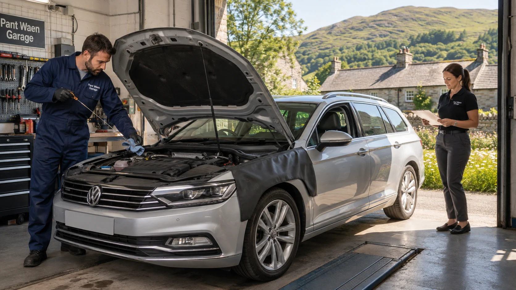 Pant Waen technician carrying out an under-bonnet inspection